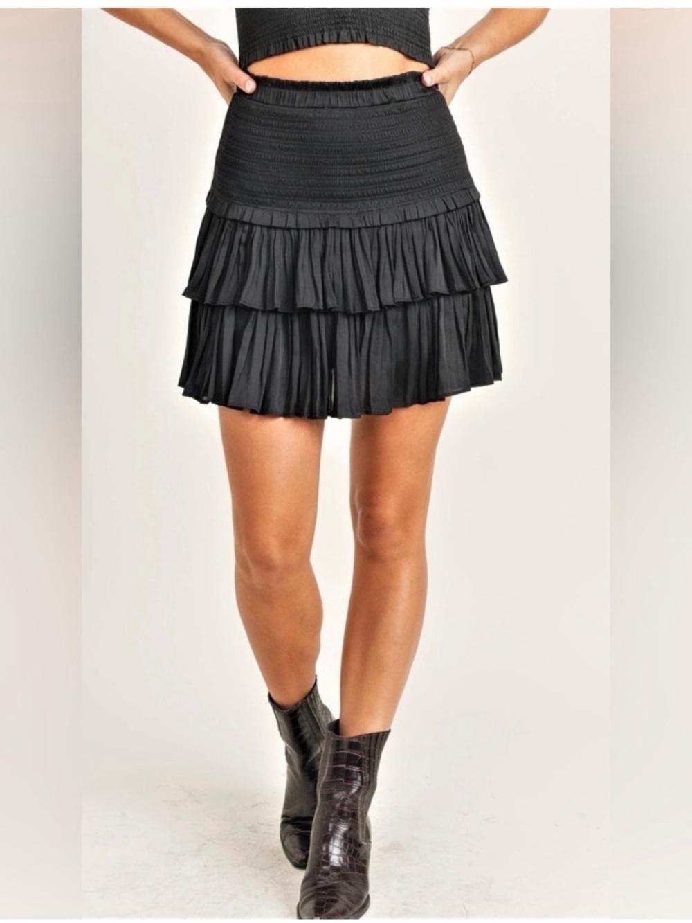 Tiered Ruffle Mini Skirt with Smocked Waist - Black size MEDIUM